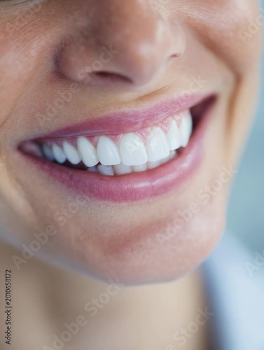 Woman smiles while dentist checks teeth with mirror and tool in clinic at daytime