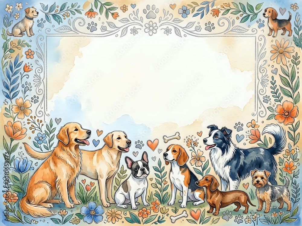 Naklejka premium Watercolor dogs and flowers decorative frame with blank center space for text, featuring various breeds in a garden setting.