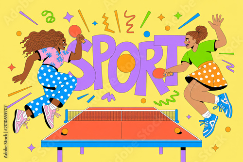 Table tennis sport illustration with two players jumping and playing, colorful cartoon style