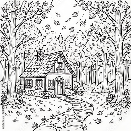 Whimsical forest house coloring page with flower boxes and stone path under autumn trees.