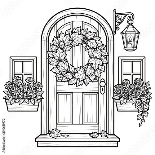Autumn door decorated with wreath and flowers coloring book page.