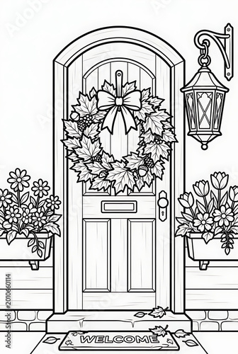 Welcome home autumn door scene coloring page with pumpkins and flowers.
