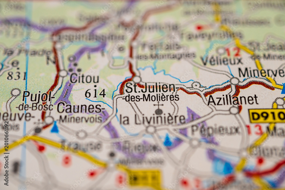 Obraz premium Macro map detail featuring Couiza and Espereza towns in Aude France.