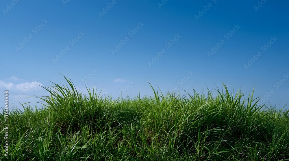 Fototapeta premium Lush green grass stretches against a vast clear blue sky capturing a perfect moment of natural tranquility