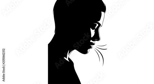 Fényképezés Black and white silhouette of a person coughing or exhaling.
