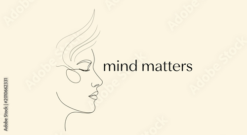 Foto Minimalist continuous line drawing of a woman face with text mind matters
