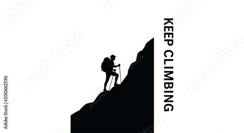Bild auf Leinwand Silhouette of a lone hiker climbing a steep mountain peak.
