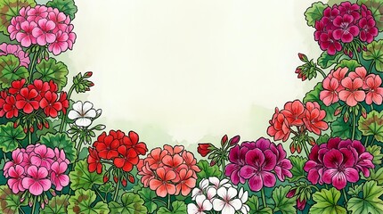 Colorful geranium flowers border frame with pink, red and white blooms on cream background for spring garden design projects and floral decorations.