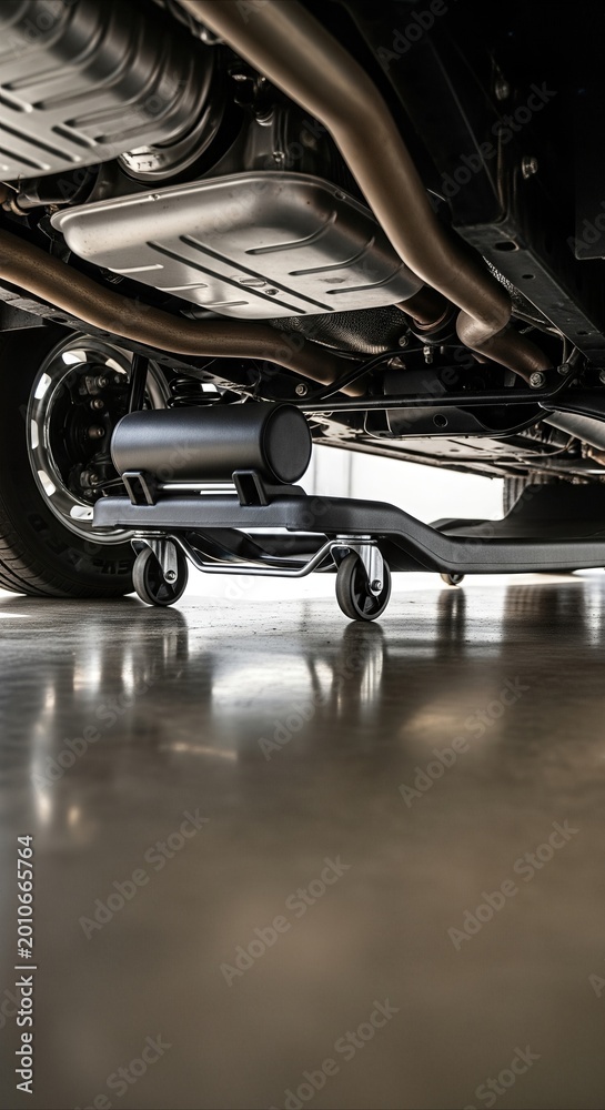 Fototapeta premium Automotive mechanic's creeper positioned under a vehicle on a clean workshop floor, detailed view of car parts and wheels.