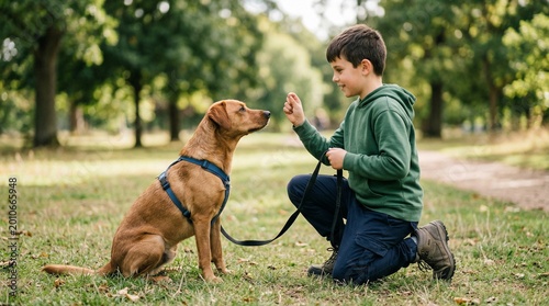 Young boy training his dog in a green park on a sunny day  