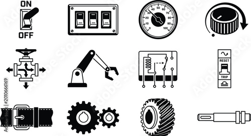 Photos Industrial Control and Mechanical Icon Set with Switch Gauge Valve Robot Arm Gea