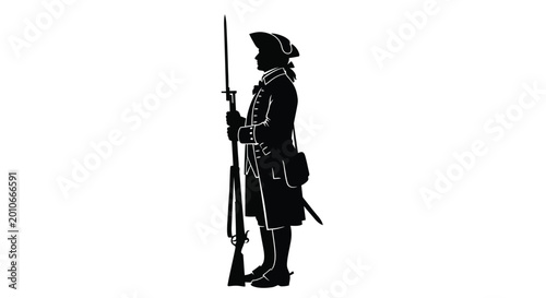 Foto colonial soldier silhouette holding musket on white background high quality prof