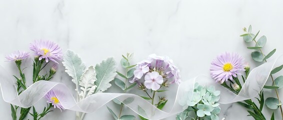 Soft purple asters, eucalyptus, and pastel flowers arranged with sheer ribbon on white marble, flat lay border with copy space.