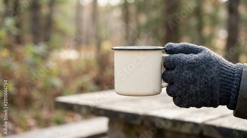 Person holding a white enamel mug in a forest during autumn  