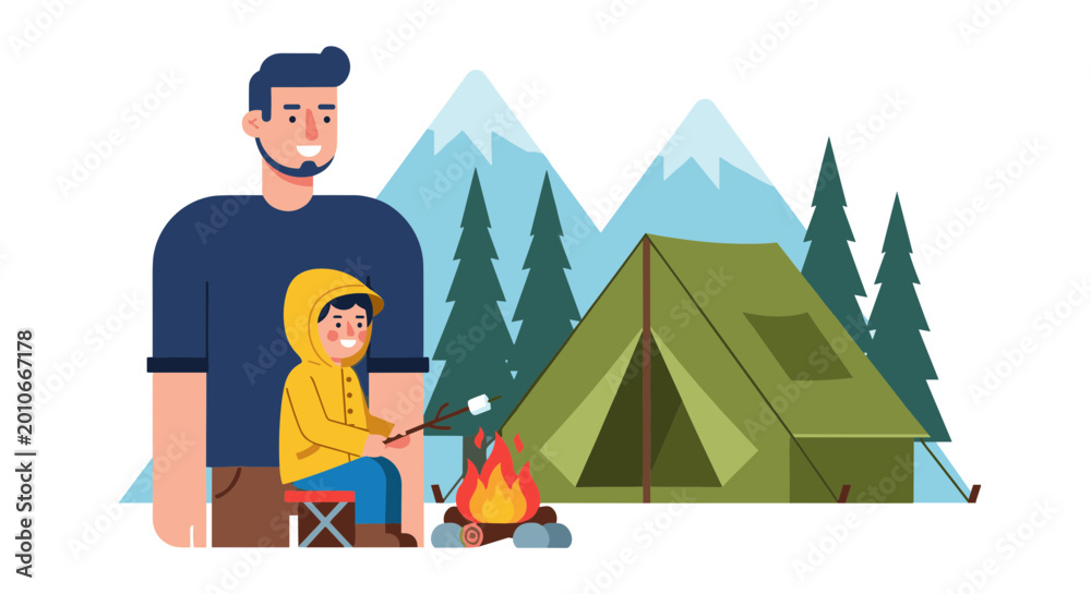 Fototapeta premium Father and son camping in the mountains together outdoors