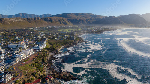 Hermanus, South Africa - January 19, 2026: Hermanus town center captured from above on a sunny summer day, coastal urban scenery with holiday atmosphere and bright natural light.