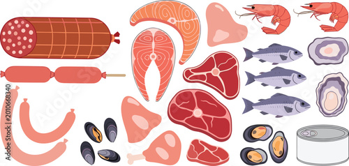Schilderij op canvas Meat and seafood vector collection