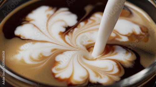 Creamy milk pouring into black coffee creating elegant latte art patterns in cinematic macro closeup. Cozy cafe atmosphere and barista craft concept