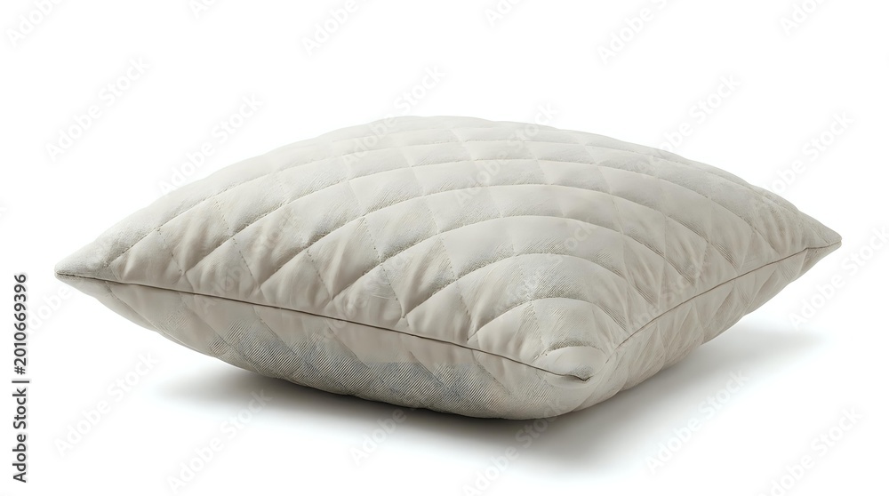 Naklejka premium Beige quilted pillow with diamond stitching pattern isolated on white background, soft textile cushion for bedroom decor and interior design.