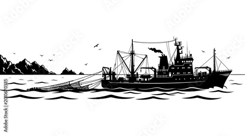 Tableau sur toile Black and white silhouette illustration of a commercial fishing trawler vessel at sea