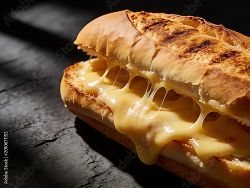 Close up of toasted hoagie sandwich with melted cheese on dark background with dramatic lighting