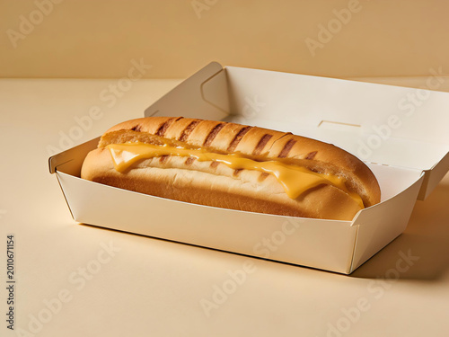 Toasted hoagie sandwich with melted cheese in open takeout container with copy space