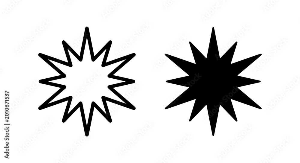 Fototapeta premium Minimalist starburst vector icons, black sunburst burst shapes, geometric star outline set