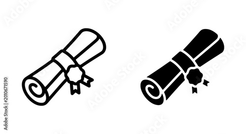 Photography Graduation scroll diploma icons, rolled paper certificate with seal, academic de