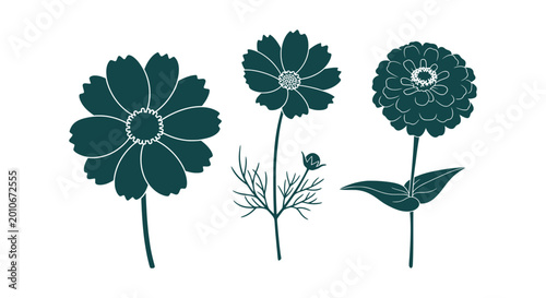 Bild auf Leinwand Minimalist dark green cosmos and zinnia floral silhouettes collection for decorative botanical art