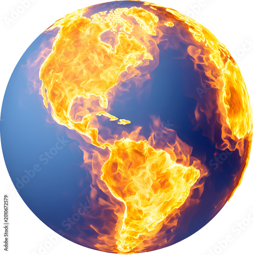 earth globe with controlled flames for climate change global warming, isolated graphic