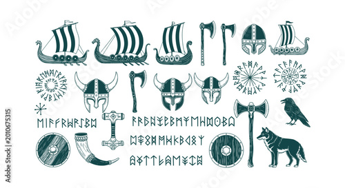 Foto Viking Warrior Icons with Drakkar Ships Horned Helmets Battle Axes Runes Shields