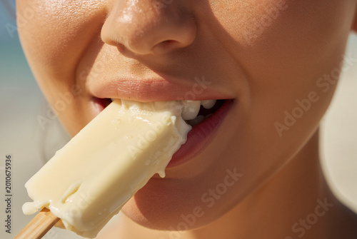Woman eating a popsicle cooling off in summer