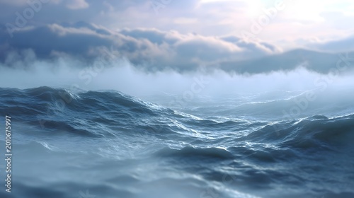 Mysterious seascape capturing gentle waves meeting a veil of ethereal mist under a dramatic cloudy sky