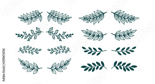 фотографія Set of hand-drawn vintage leaf branches and floral decorative elements for invit