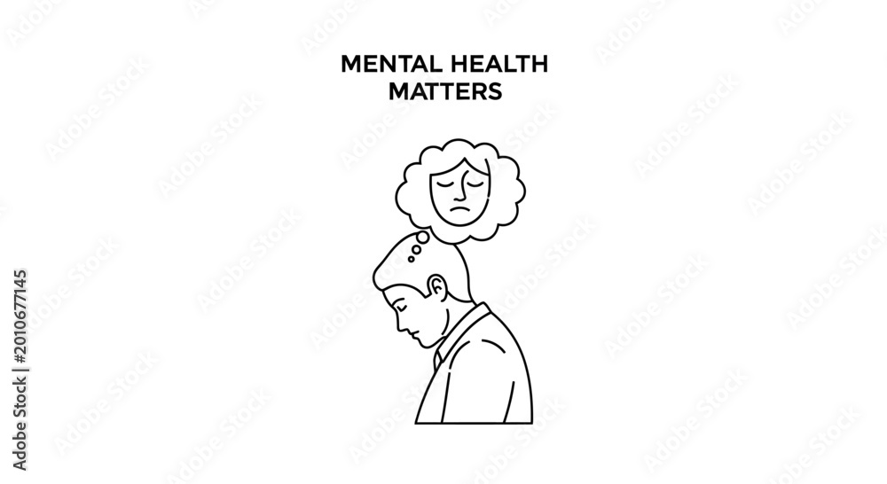 Naklejka premium Mental health matters concept with sad man line drawing.