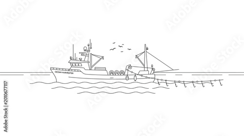 Cuadro en lienzo Hand drawn illustration of a commercial fishing trawler boat at sea