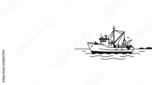 Foto A simple black and white line art illustration of a commercial fishing trawler boat sailing on the sea