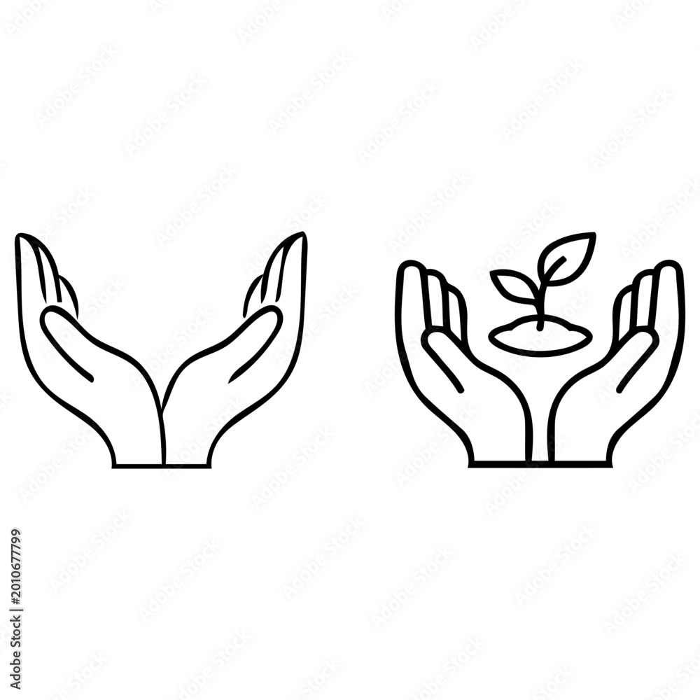 Fototapeta premium Hands Cupping Plant Line Art Icons for Environmental Sustainability