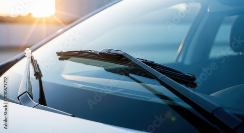 Modern Car Windshield and Wipers Close-up at Sunset