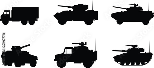 Tableau sur toile PrintMilitary vehicle truck tank armored car set collection icons, transport car