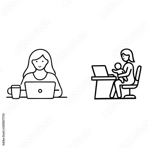 Remote Working Mother Line Art Icons for Career and Parenting Balance