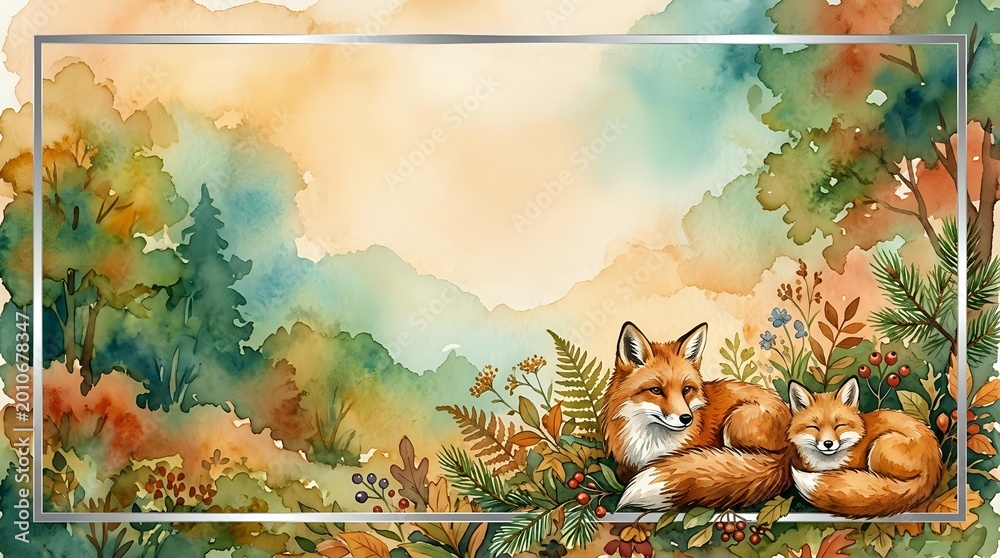 Fototapeta premium Watercolor autumn forest scene with two foxes resting among wildflowers, framed border with copy space for text or greeting card design.