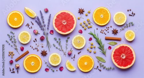 Citrus Fruits, Herbs and Spices Flat Lay on Purple Background