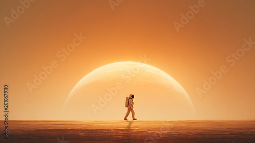 Astronaut walking on Mars beneath a massive sun, digital painting for futuristic space colonization concepts.