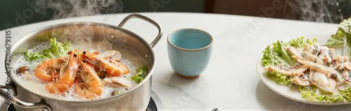 Obraz  z motywem Seafood hot pot boiling on white table with shrimp plates