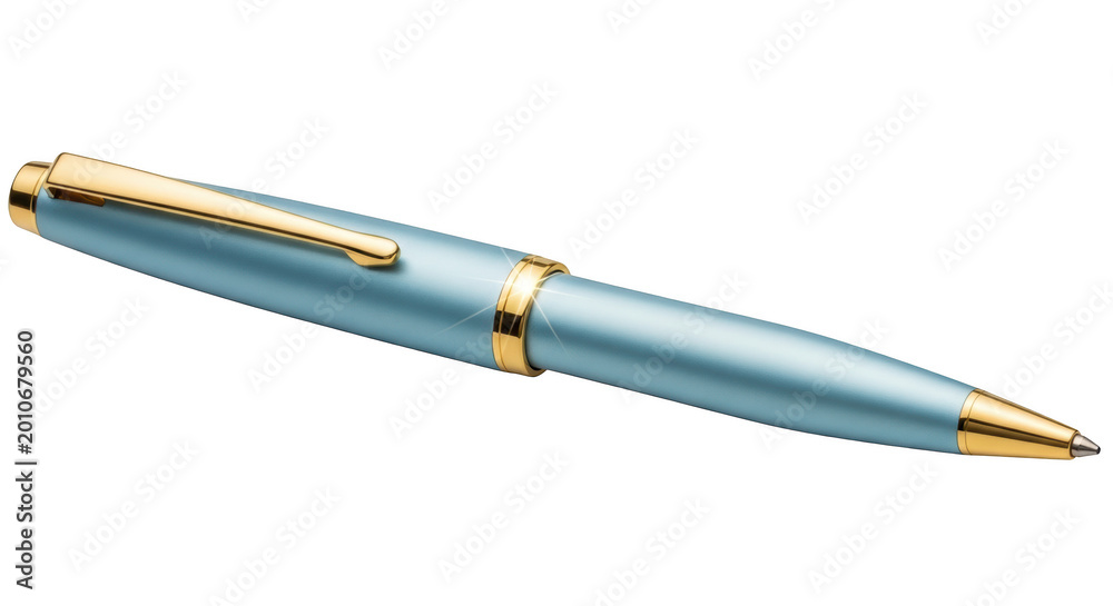 Naklejka premium Light blue ballpoint pen with gold accents, metallic clip, and tapered tip, positioned diagonally, isolated on transparent