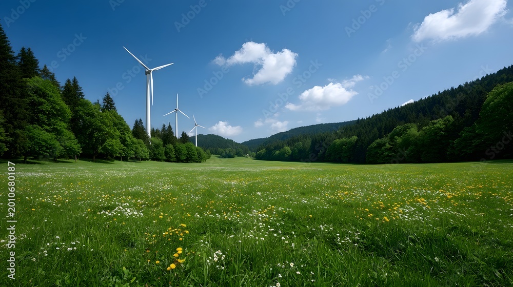 Obraz premium Modern wind turbines stand within a lush meadow surrounded by dense vibrant forest under a bright blue sky