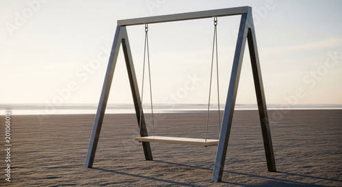 Bild auf Leinwand Empty Wooden Swing on Desolate Sandy Beach with Calm Ocean Horizon at Dawn