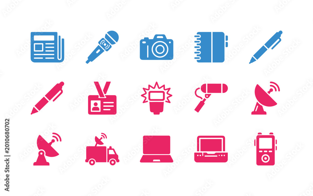 Fototapeta premium Collection of journalism and media icons in blue and pink