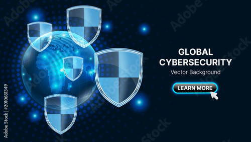 Tableau sur toile Global Cybersecurity Banner with Earth Globe and Shield Protection Icons, Nation